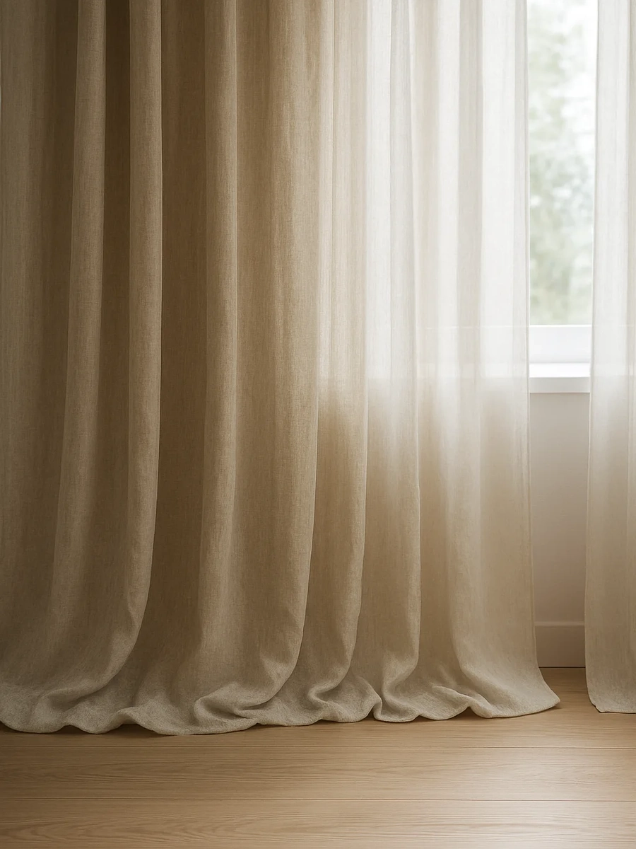 Cortinas modernas para ventanal de salón, confeccionadas a medida, color beige vintage en Alicante.